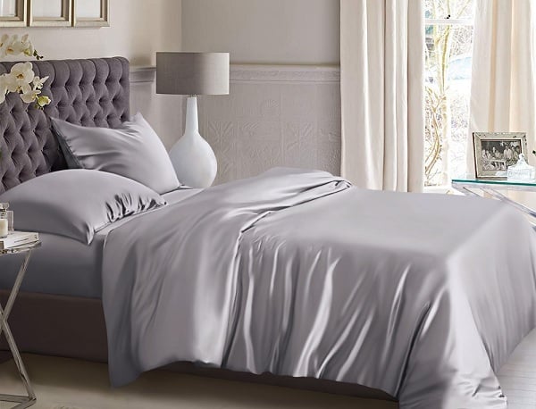 metallic silver silk bedding set