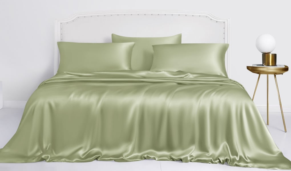 sage green silk bedding