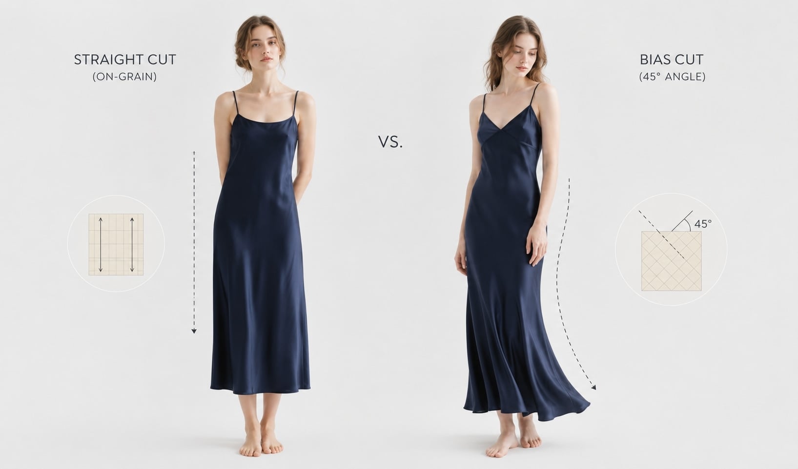 straight vs bias cut silk nightdresses