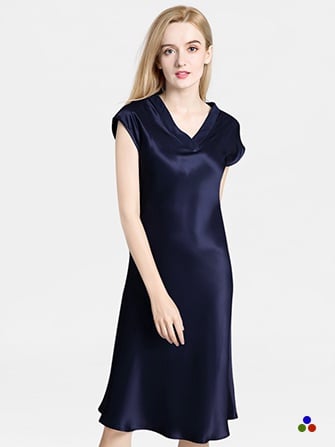 short sleeves silk nightgown_navy