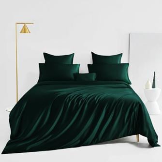 silk bed linens-dark green