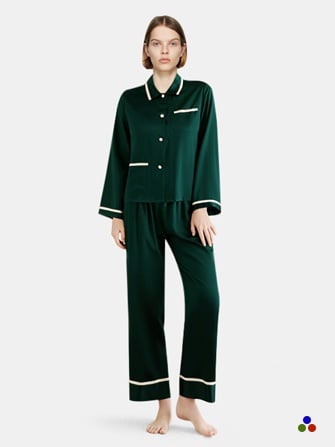 silk pajama set_dark green/ivory