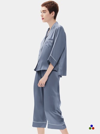 ensemble pyjama en soie_dark pastel blue/ivory
