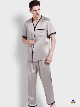 silk pajama set for men_silver gray/navy blue