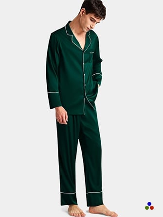 silk pajama set for men_dark green/ivory