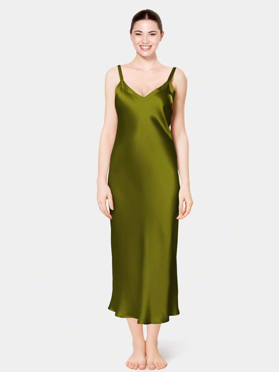 olive green night dress Olive Green Evening Dress with Waist Tie