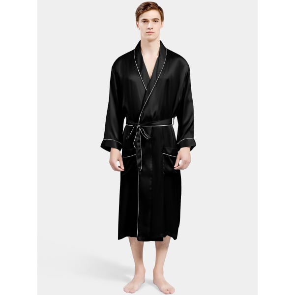 Men's Silk Robes, 22 Momme Silk, White/Black