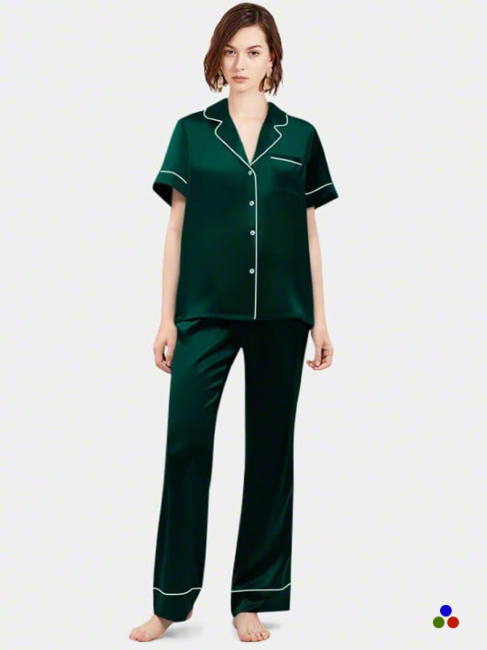 silk pajama set_dark green/ivory