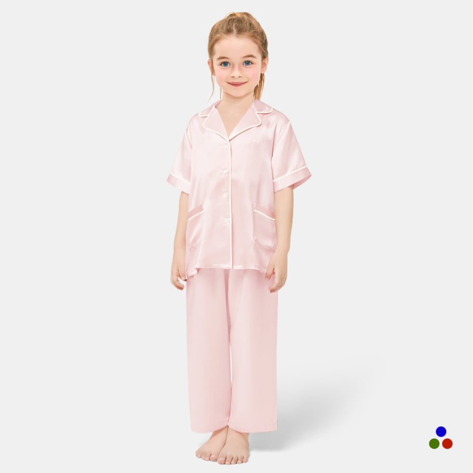 pure silk pajama set for kids_light pink/ivory