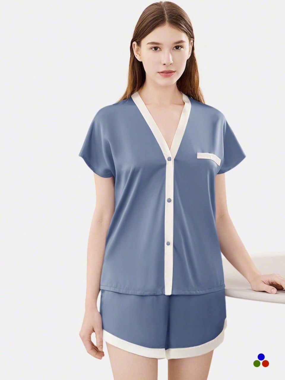 silk short pajama_dark pastel blue/ivory