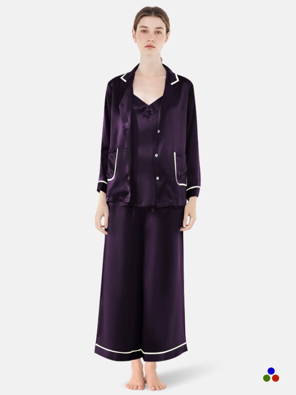 3 piece silk pajama and camisole set_dark purple/ivory