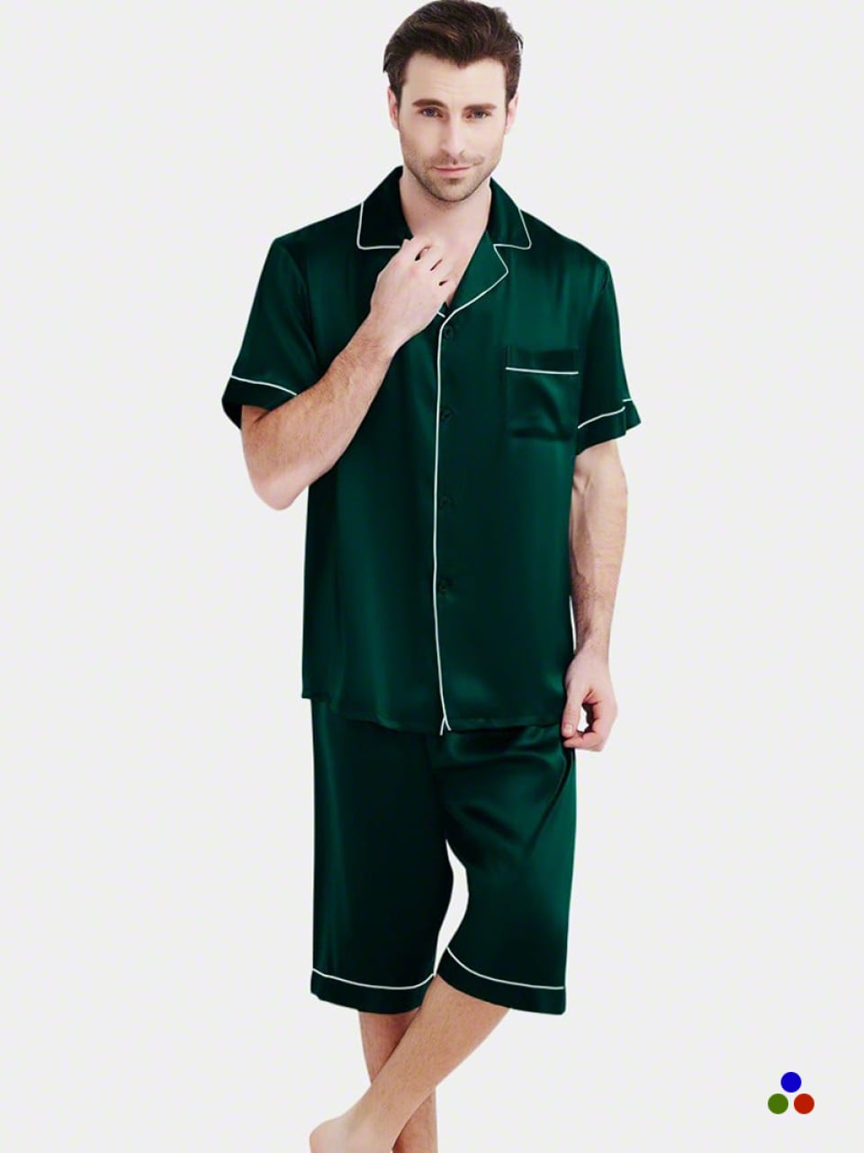 silk pajama set_dark green/ivory